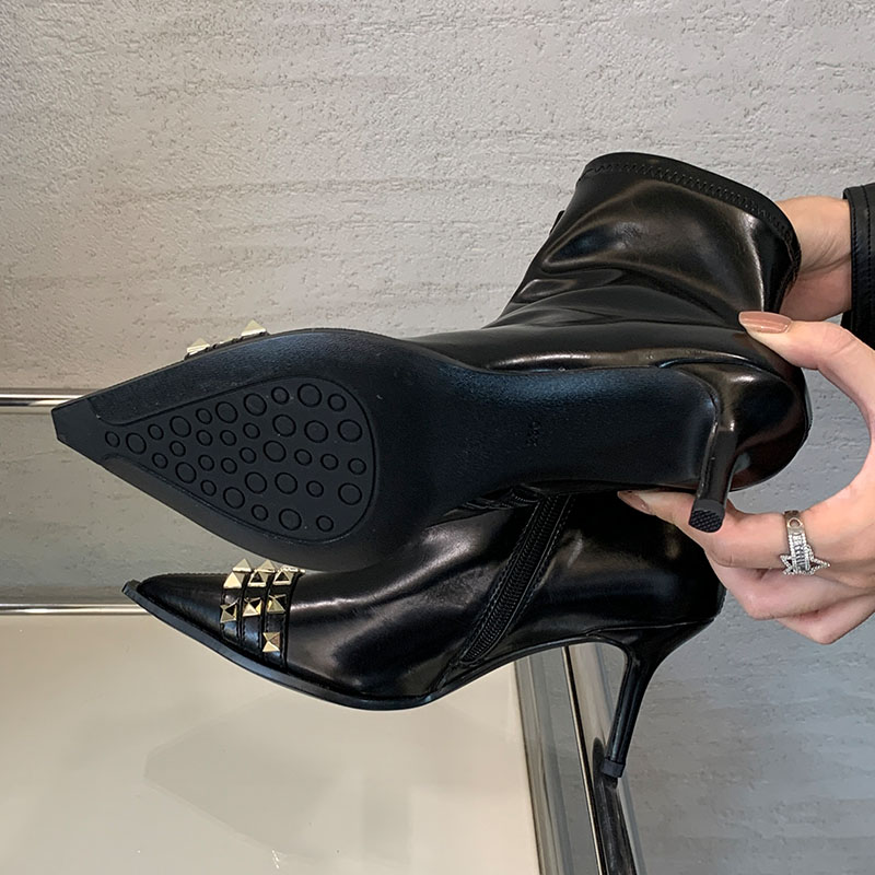 New Fashion Rivet Footwear Ankle Elastic For Women Zippers Female Pointed Toe Ladies Short Boots With Heels Shoes