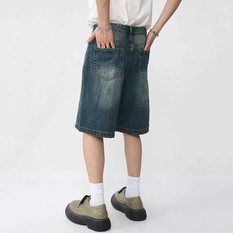 Men Vintage Blue Denim Shorts Summer Casual Loose Jeans Shorts Retro Harajuku Streetwear Hip Hop Y2K Shorts Man Y240914