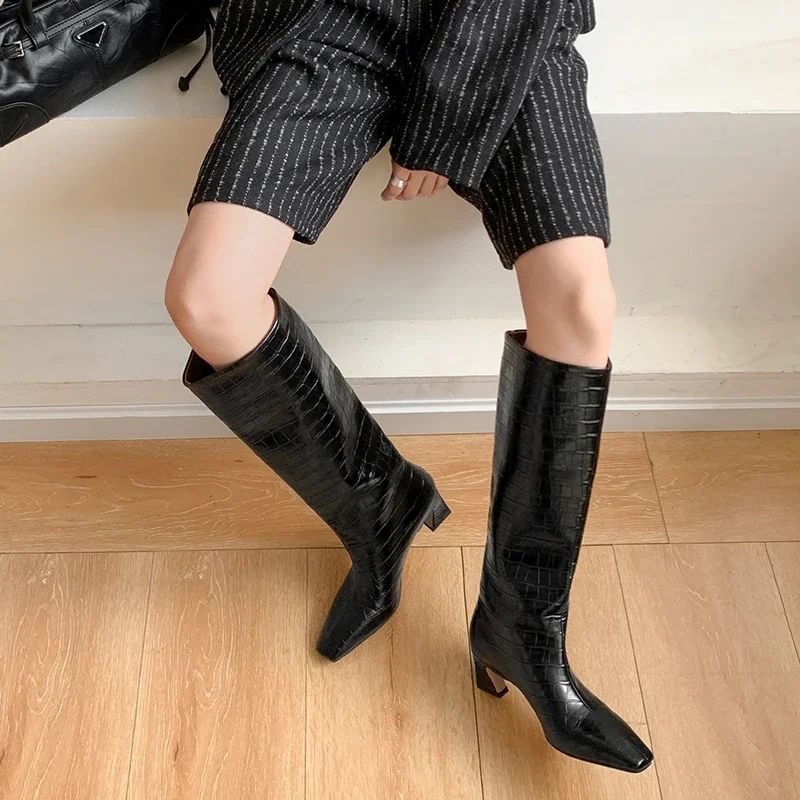 JOZHAMTA Size 34-40 Knee Boots For Women Genuine Leather Block High Heels Shoes Winter 2025 Wide Calf Casual Long Tall Boots