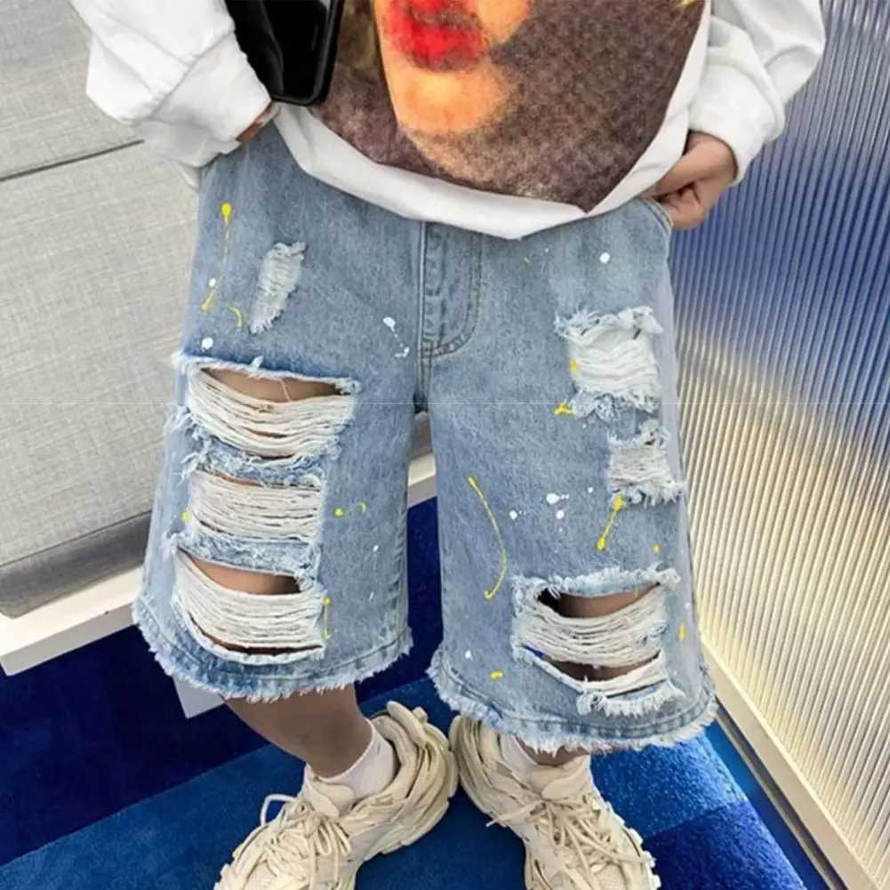 2024 Hip Hop Ripped Denim Shorts Streetwear Men Vintage Destroyed Hole Baggy Jeans Pants Fashion Summer Loose Shorts BlackX240914