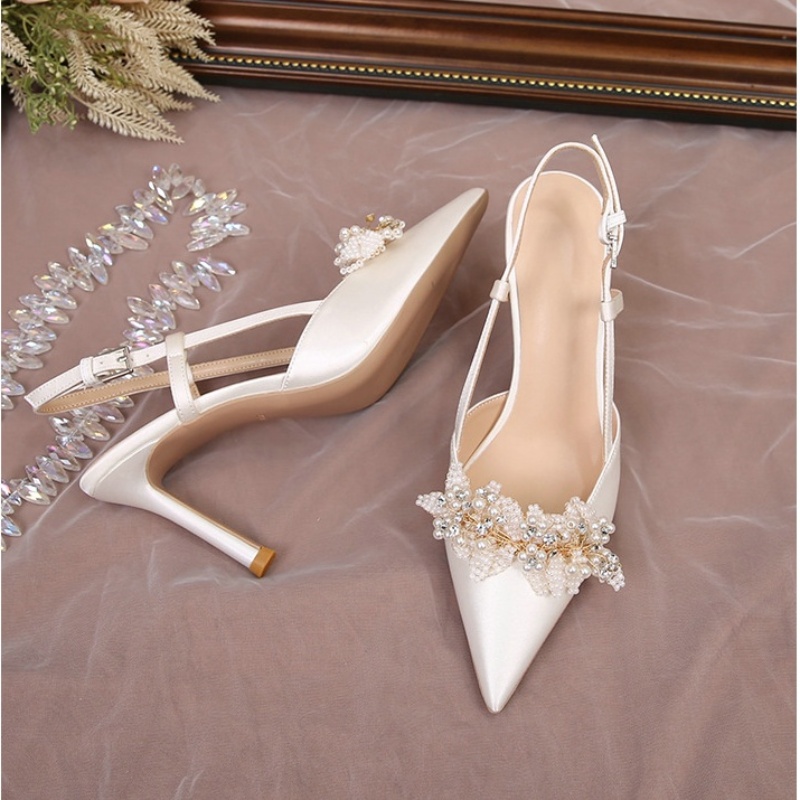 2025 new Bridal Satin Wedding Shoes White Pearl High Heels Women Fashion Pumps