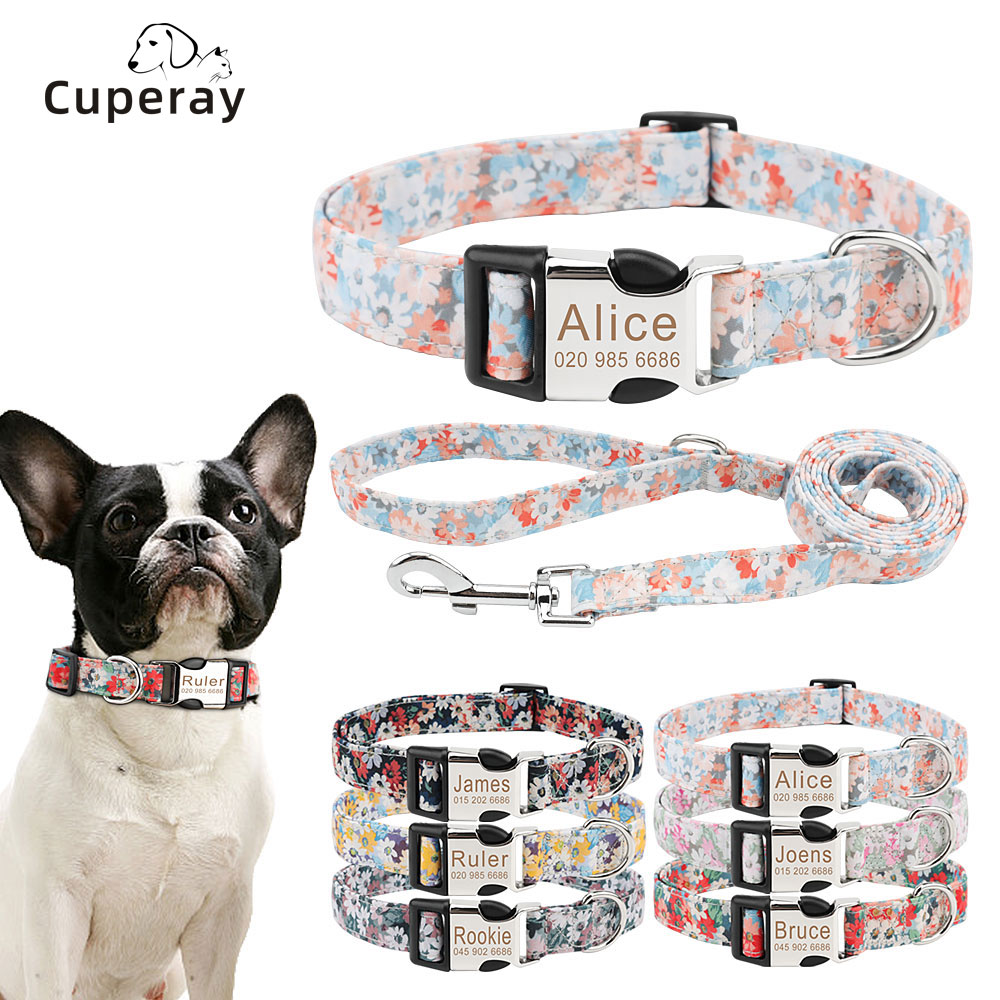Dog Collar, Cute Floral Dog Collar with Engraved Nameplate ID Metal Buckle and Matching Leash for Small Medium Large Dog Cats