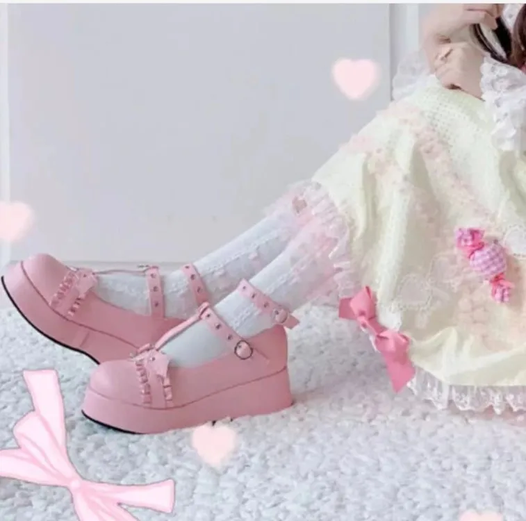 Sweet New Heart Buckle Wedges New Mary Quality Janes Women Pink T-Strap Chunky Platform Lolita Woman Punk Gothic Cosplay Shoes 43 C6d7