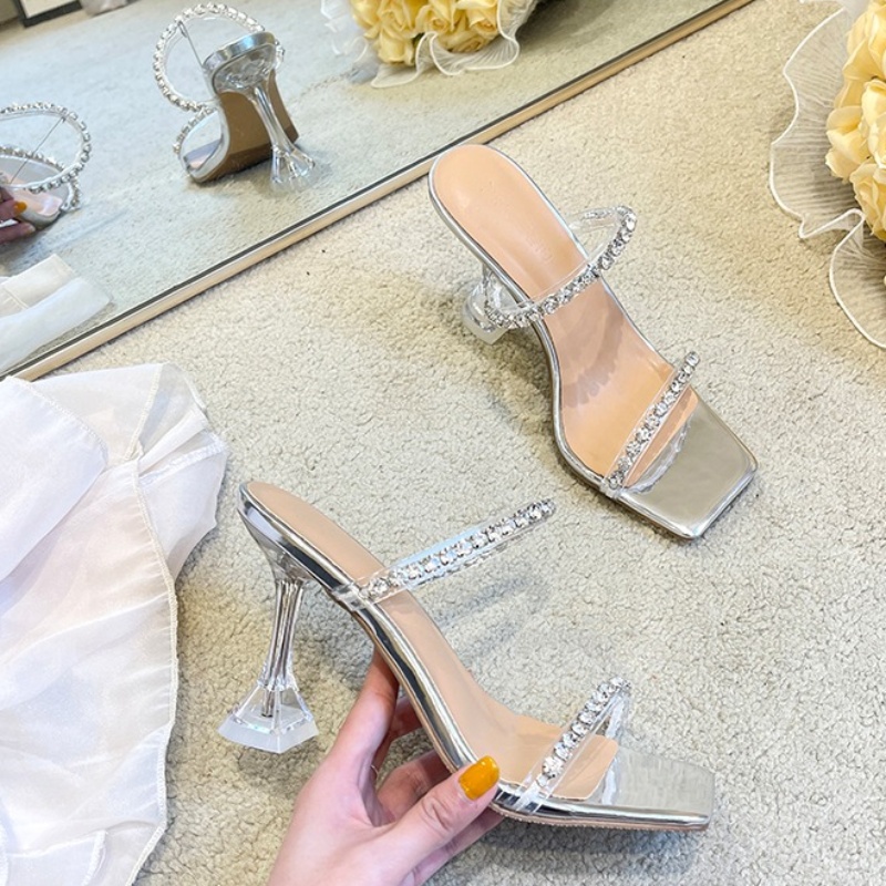 2024 Rhinestone High Heels Stiletto Slipper For Women Summer Wear Fairy Wind Crystal Wine Glasses Clear Slides Sandals