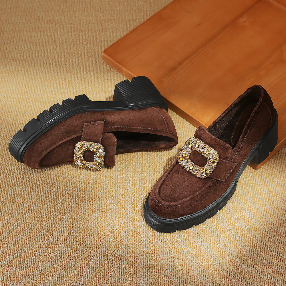 natural Women's suede leather chunky heel platform four season moccasins crystal buckle casual female high quality loafers shoes 77a7 731d