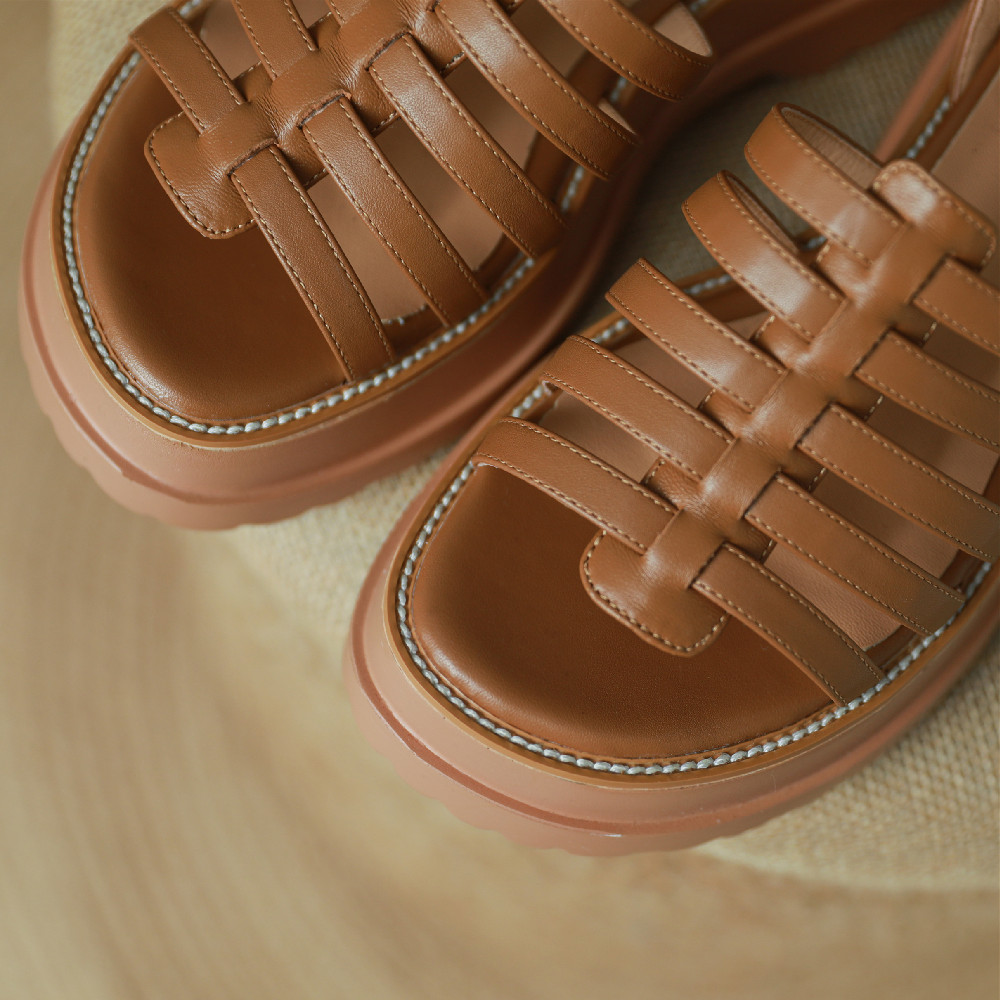 2025 new plus danxuefei size 34-42 women's great pu leather thick sole platform flats sandals narrow band braided ankle strap shoes women 438f