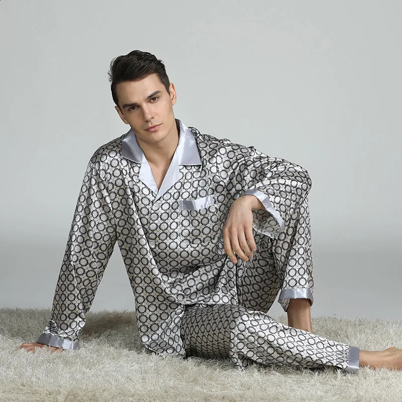 PLUS SIZE Mens Pajamas 2PCS Sleepwear Set Spring Autumn Long Sleeve Trouser Pijamas Suit Loose Print Silk Satin Lounge Wear 240905
