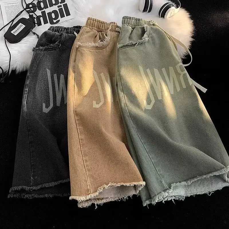 Mens Summer Drawstring Elastic Waist American Style Trendy Brand Casual Loose Fit Denim Shorts Over Knee Five Point PantsX240914