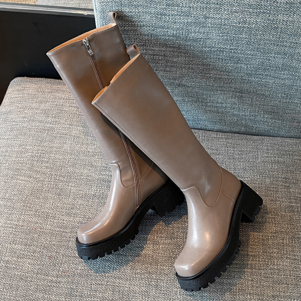genuine Women's leather chunky heel platform square toe side zip autumn knee high punk female long winter boots shoes sale 0a2b