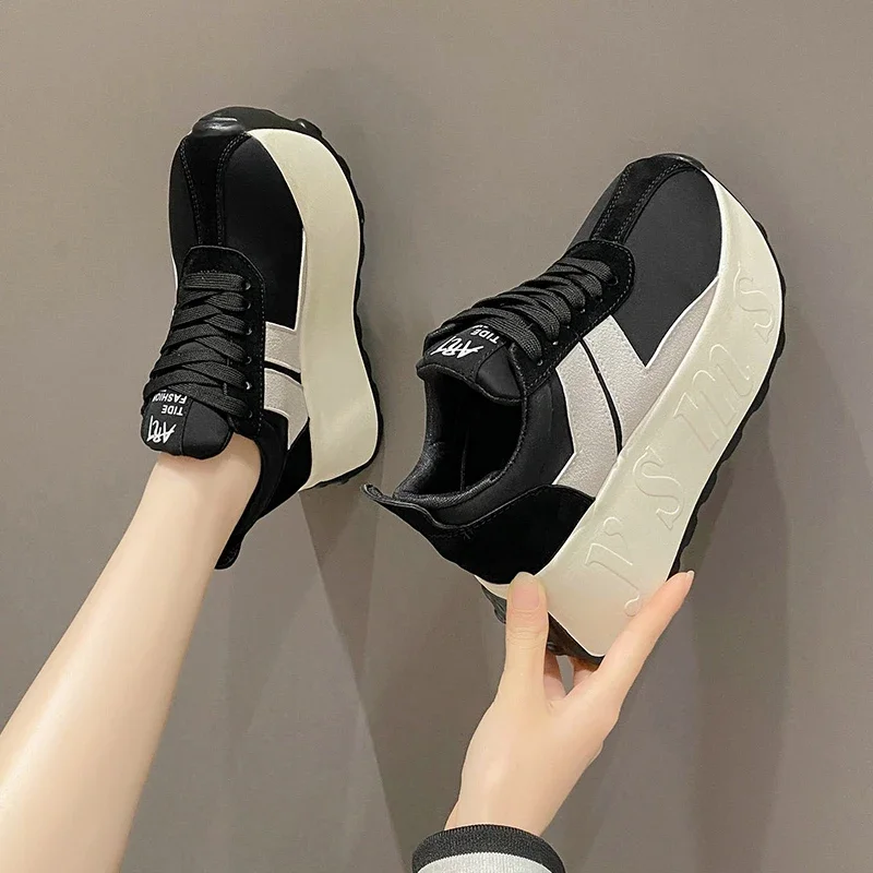 Casual Platform Sneakers for Women Shoes Spring Autumn 7.5CM Thick Bottom Non-slip Light Comfortable Lace Up Wedge Sport Shoe