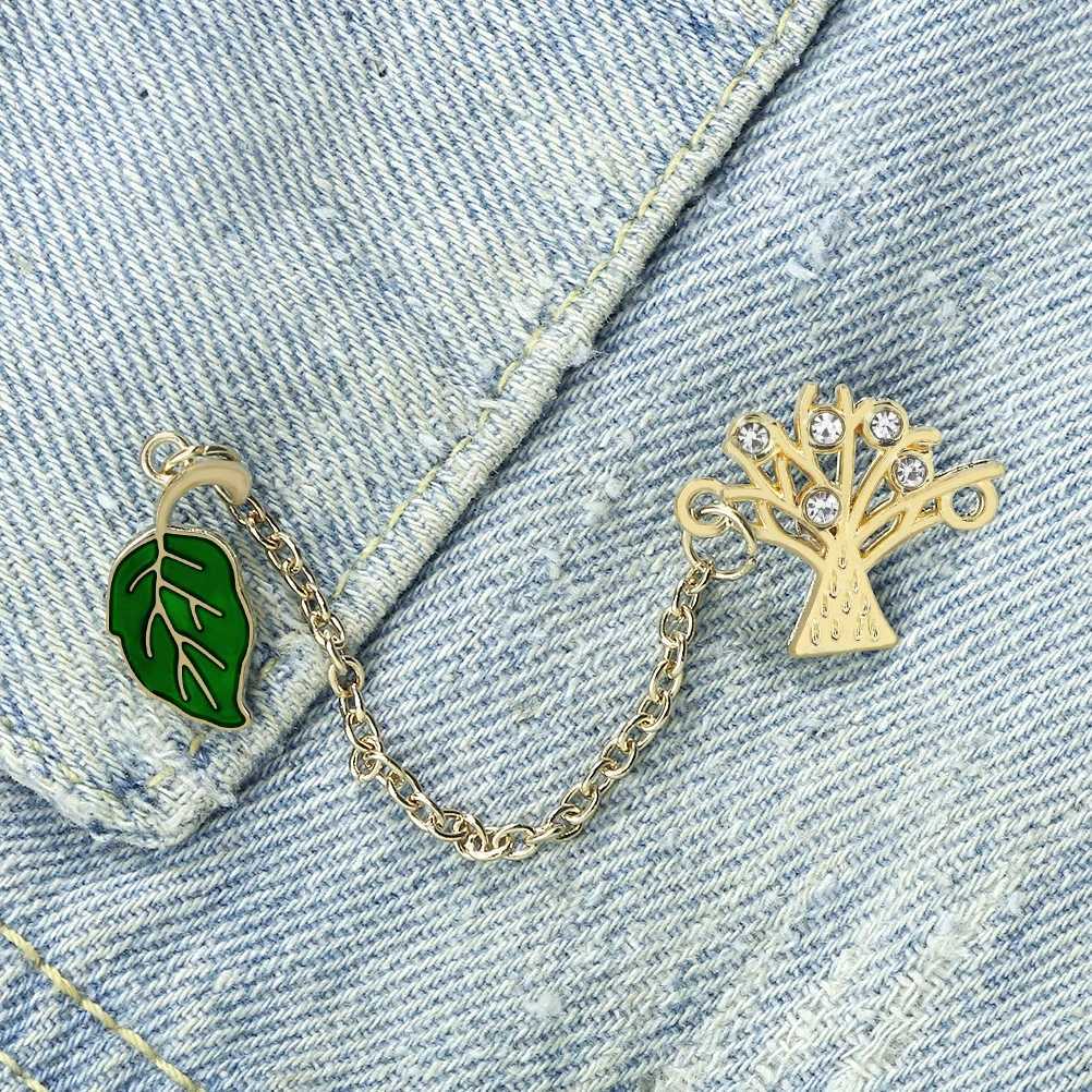 New Arrival Green Leaf Crystal Tree Long Chain Brooch Set Women Men Coat Lapel Pin Badges Jewelry Gift for FriendX240914