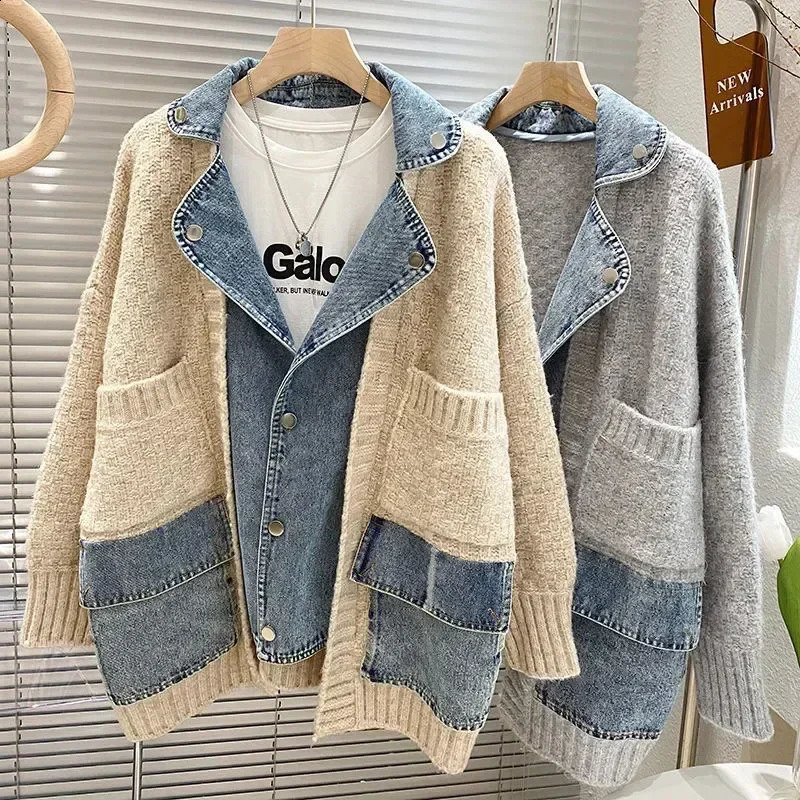 Autumn Winter Women Splicing Denim Jacket Arrivals Stitched Loose Thickened Knitted Sweater Coat Long Sleeve Cardigan Top D46 240904