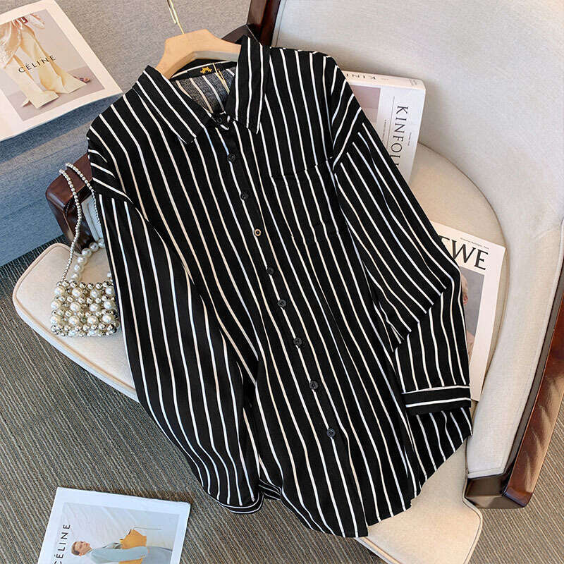 150Kg Plus Size Women's Bust 157 Autumn Striped Casual Shirt Long Sleeve Top Black 6Xl 7Xl 8Xl 9Xl 10Xl