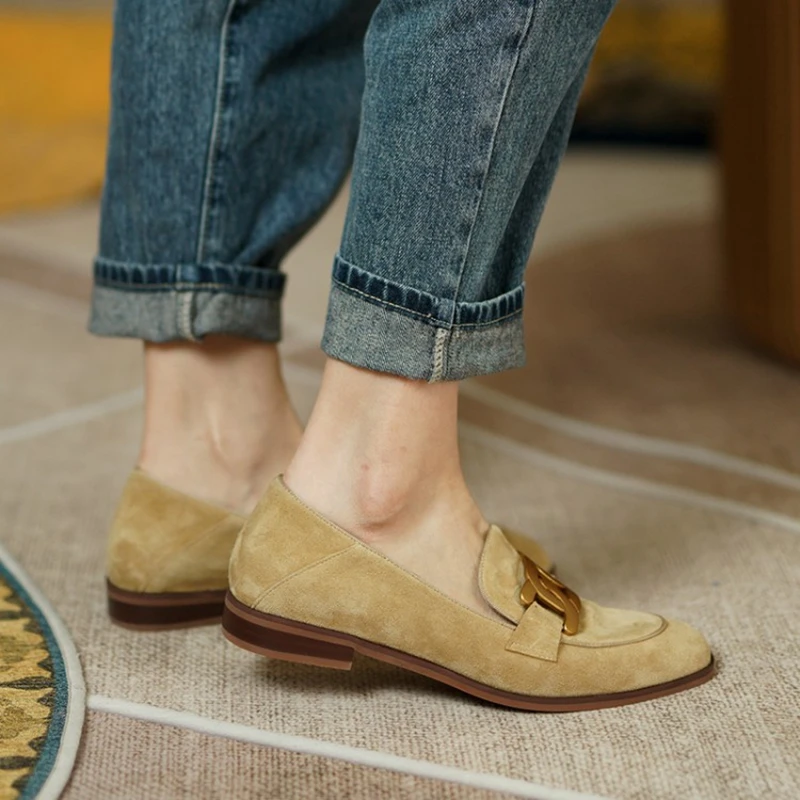 2024 New Spring Women Shoes Camel Buckle Casual Kid Suede Women Loafers Solid Low Heel Pumps Shoes for Women Moccasin Shoes