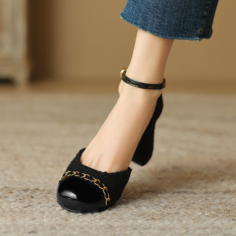 Summer NEW Cotton Fabric for Women Chunky Round Toe Cover Heel Sandals Splicing Chain Shoes bf59