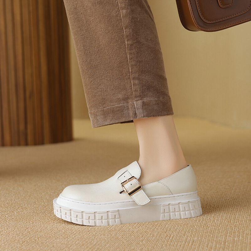 Spring NEW Loafers New Genuine Leather for Round Toe Chunky Heel Women Pumps Slip-on Buckle Platform Shoes 1804 Platm