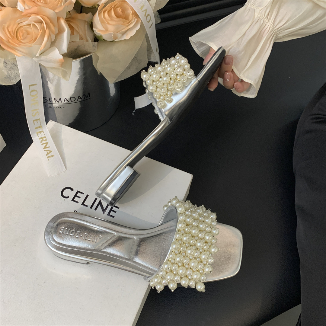 Shoes Square Toe Woman's Slippers Slides Low Fashion String Bead Block 2024 Summer Luxury Rome Hoof Heels Fabric PU Rubber