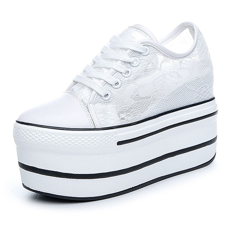 10.5cm Women Summer air mesh Fashion Ins White black Genuine Leather Chunky Sneaker Hollow Breathable Platform Wedge Shoes