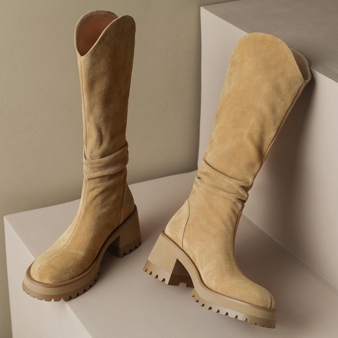 natural Women's suede Easter chunky heel platform pleated slip-on autumn knee knight high quality long boots shoes 80d0