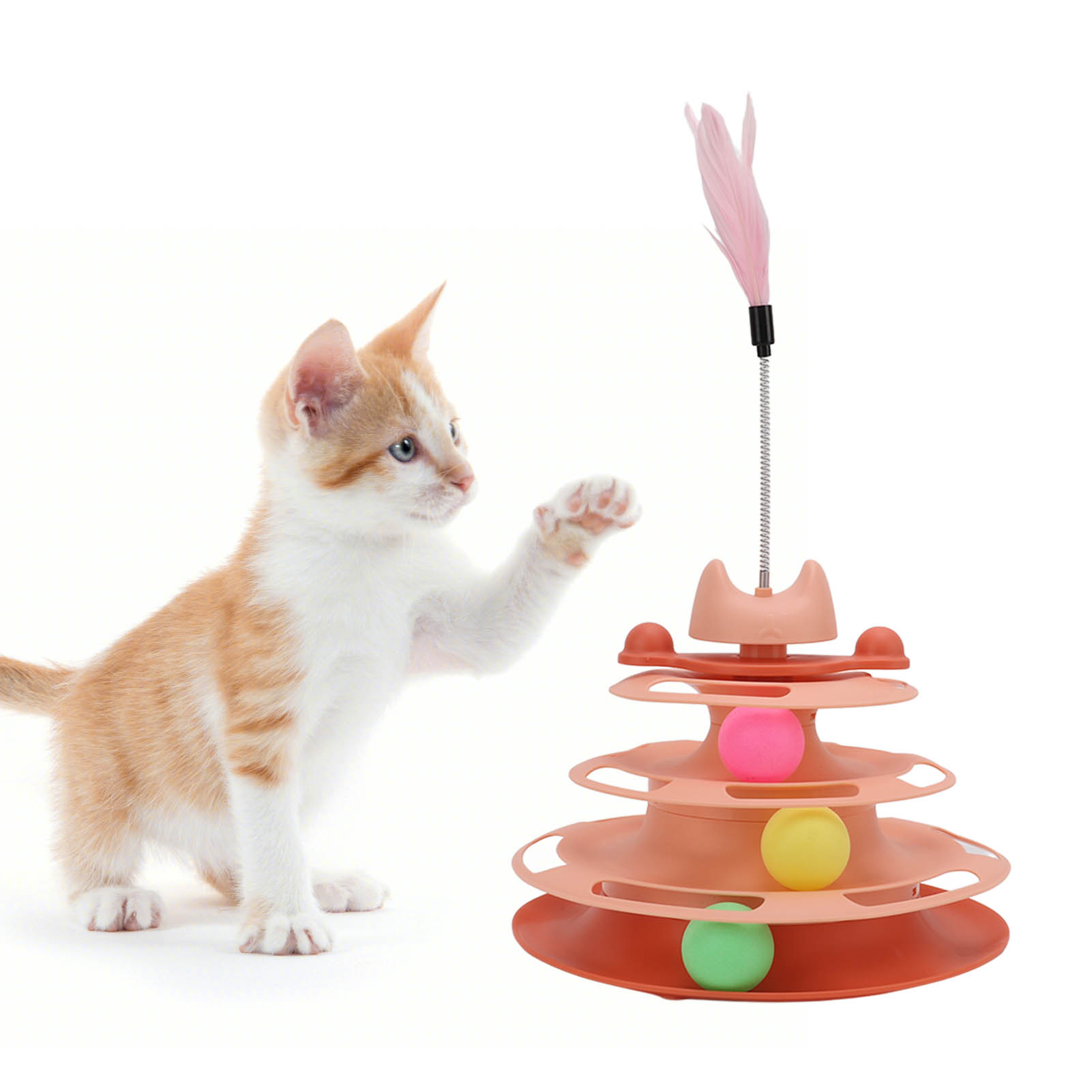 Cat Turntable Ball Toy 4 Level Interactive Kitten Track Roller Exercise Toy With Feather Stick
