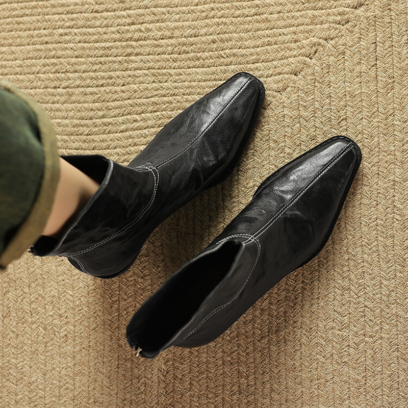 Autumn NEW Genuine Leather for Women Square Toe Chunky Heel Shoes Soft Zip Ankle Concise Western Boots da88