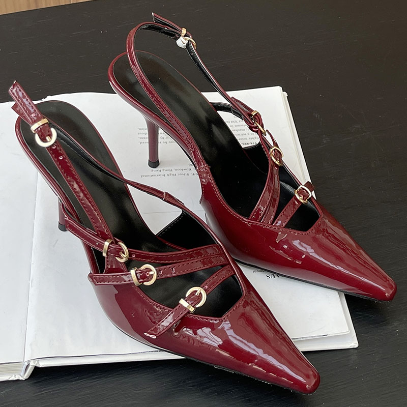 2025 new Size Big Wine Red Women Heeled Female Footwear Sgbac Fashion Buckle Ladies Thin Heels Sandals Pumps Shoes 2d6e