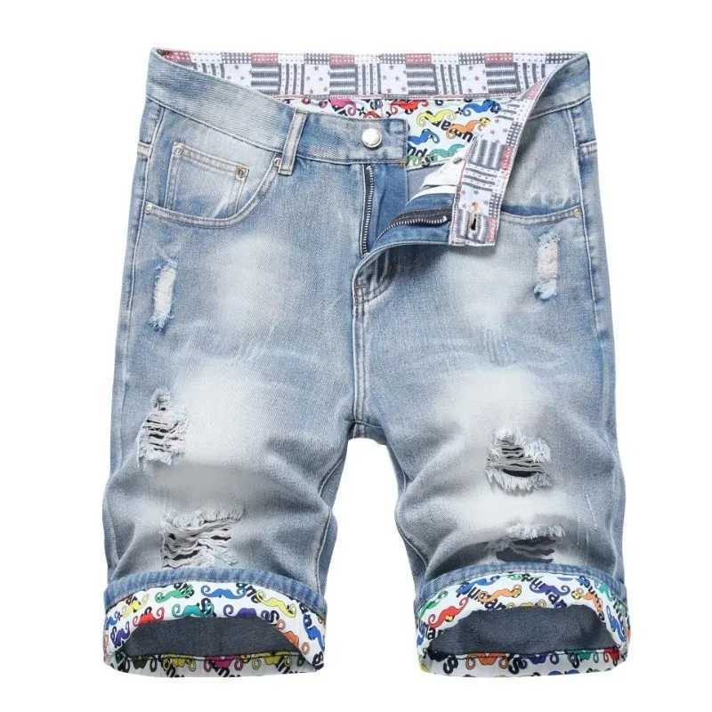 Men Light Blue Denim Shorts New Summer Male Holes Short Jeans Man Fashion Ripped Jeans Shorts Straight Fit Denim Shorts Size 42X240914