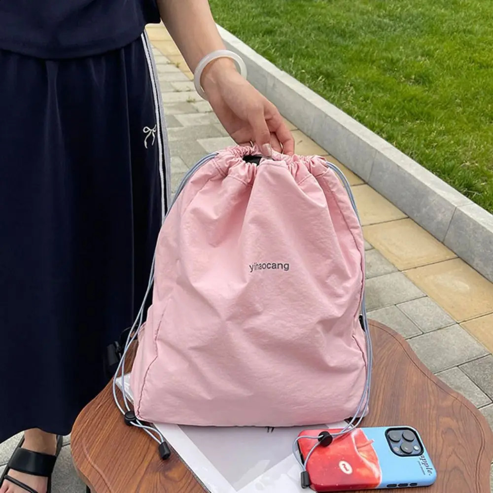 Sweet Solid Color Drawstring Backpack Canvas Korean Nylon Backpack Large Capacity School Backpack Shoulder Bag Womens Backpack 240912