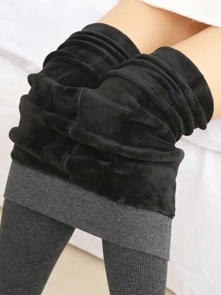 Winter Warm Leggings Velvet Women Thick Pantyhose High Waist Leggins Stripe Stretch Cashmere Thermal Pants Wool Gray BlackX240914