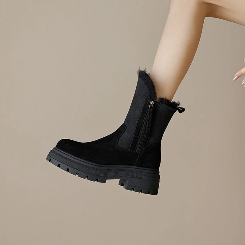 Round Winter Toe Thick Heel Cow Suede Leather Shoes for Women Warm Wool Blend Platform Snow Boots 4c97 Platm