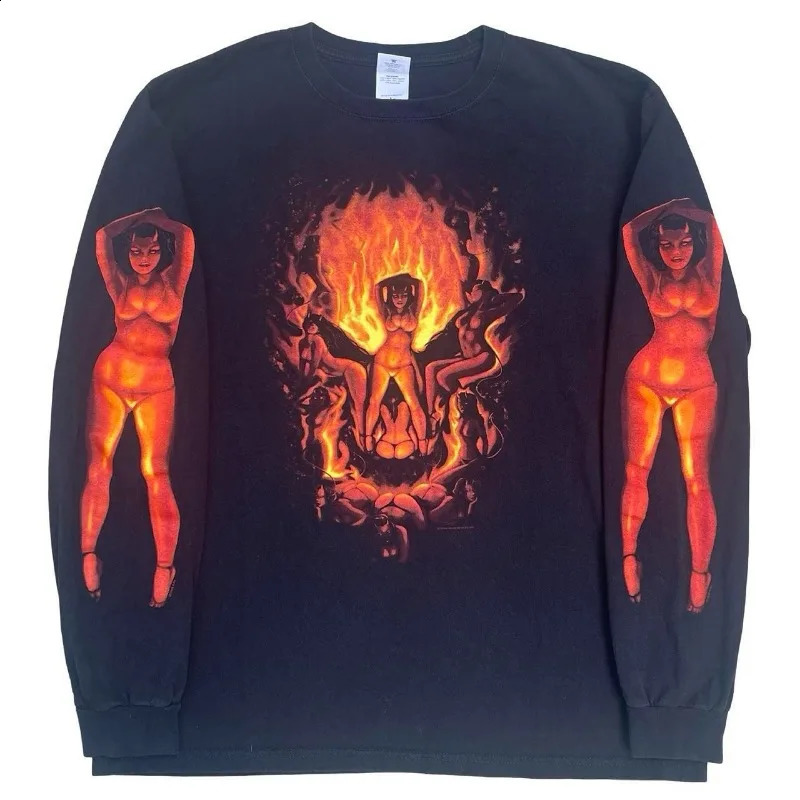 2000s long sleeve t shirts Y2K vintage print pattern Streetwear oversized shirt gothic Hip Hop men women Loose Punk 240913