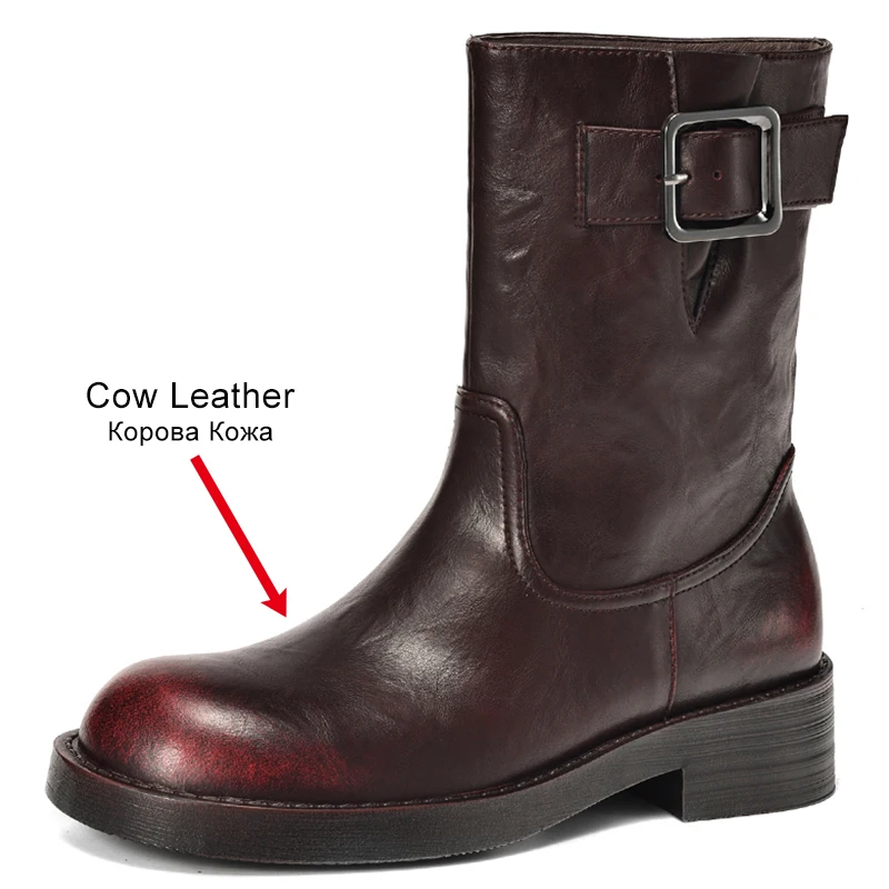 JOZHAMTA Size 34-41 Women Ankle Genuine Leather Wide Calf Thick Heels Platform Boots Casual Buckle Strap Daily Dress Shoes