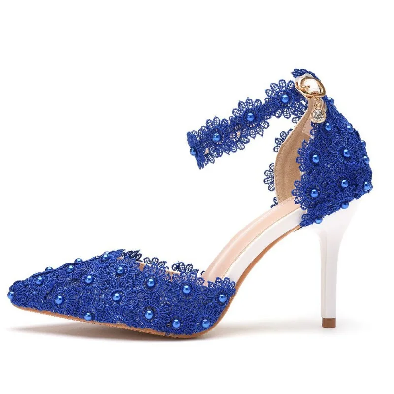 Summer Women Sandals Party Pointed Toe String Bead Buckle Strap PU 9CM Thin Heels Flower Lady Party Shoes for Women Blue
