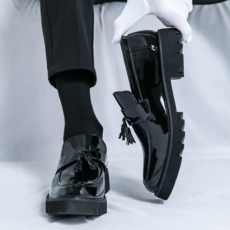 Men Patent Leather Oxfords Slip On Thick Tottom Height Increasing Derby Shoes Casual Original Loafers Fashion Formal Dress Shoes