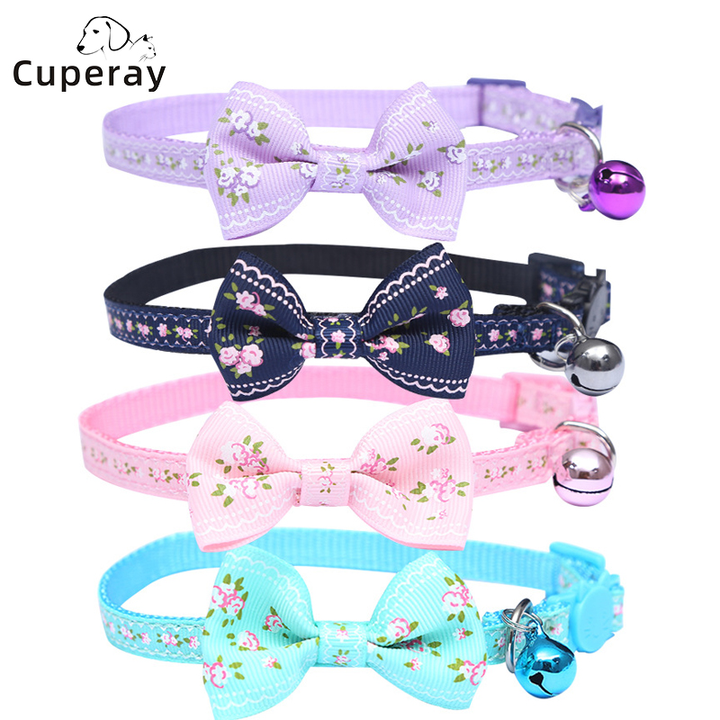 Cat Pet Collars Adjustable Pet Webbing Printed Cat Collar with Colorful Bells and Bows for Cats and Puppies Outdoor Pet Supplies