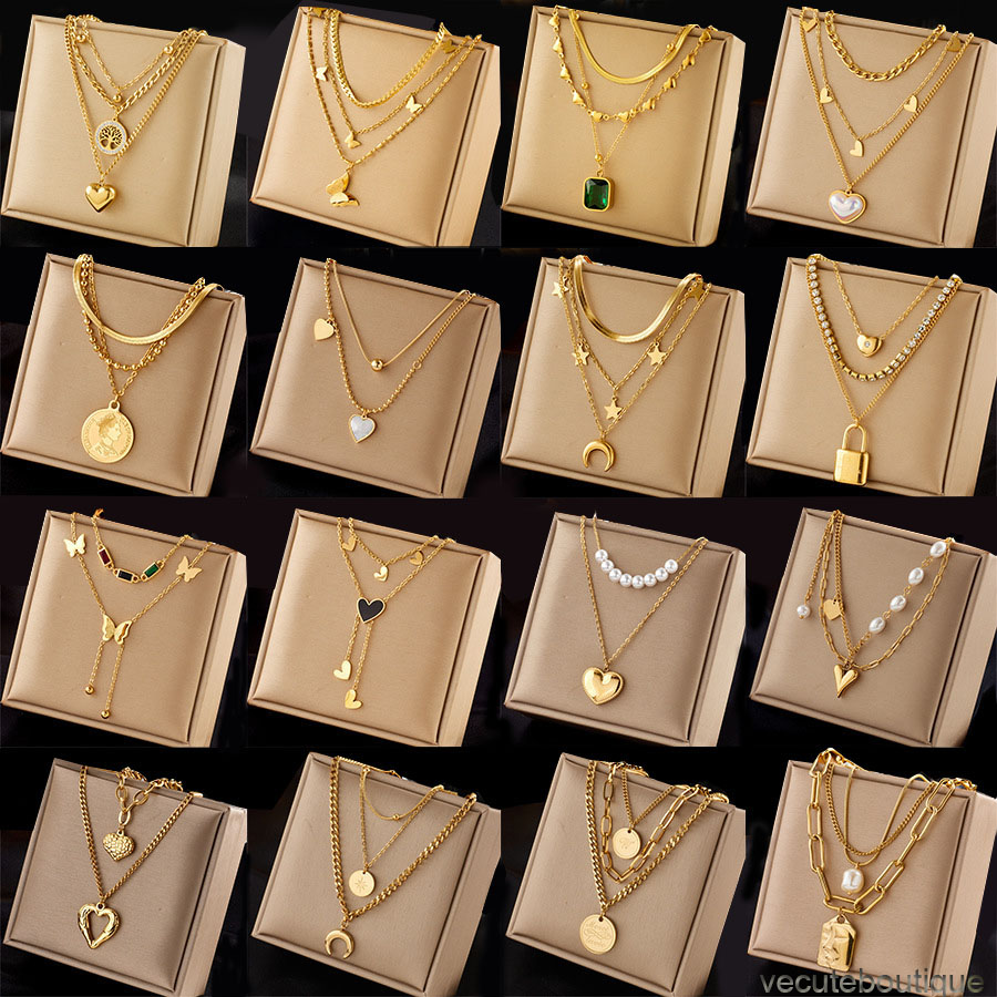 Elegant 18k Gold Plated Charm Necklace Heart Butterfly Moon Lock Pendant Necklace Charm Stainless Steel Stacking Necklaces Woman Luxury Wedding Jewelr