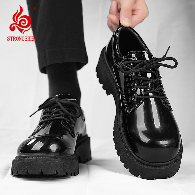 STRONGSHEN Men Patent Leather Shoes Round Toe Casual Platform Business Shoes Fashion Wedding Banquet Party Formal Dress Shoes