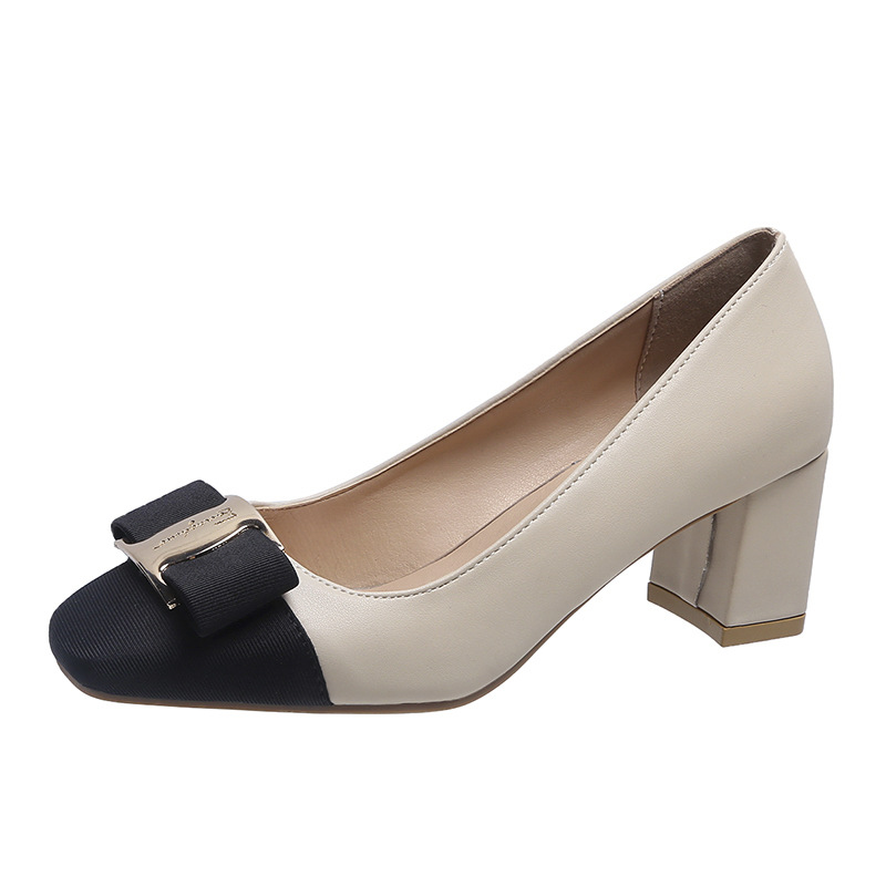 2021 spring new mid-heel thick heel metal square buckle leather temperament pumps square toe single shoes high heels women