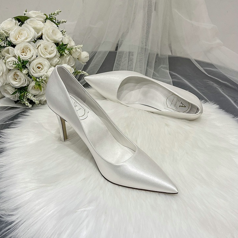 2024 Wedding Shoes White High Heels Women's Stiletto Satin Dress Single Shoes Champagne Bridesmaid Pumps