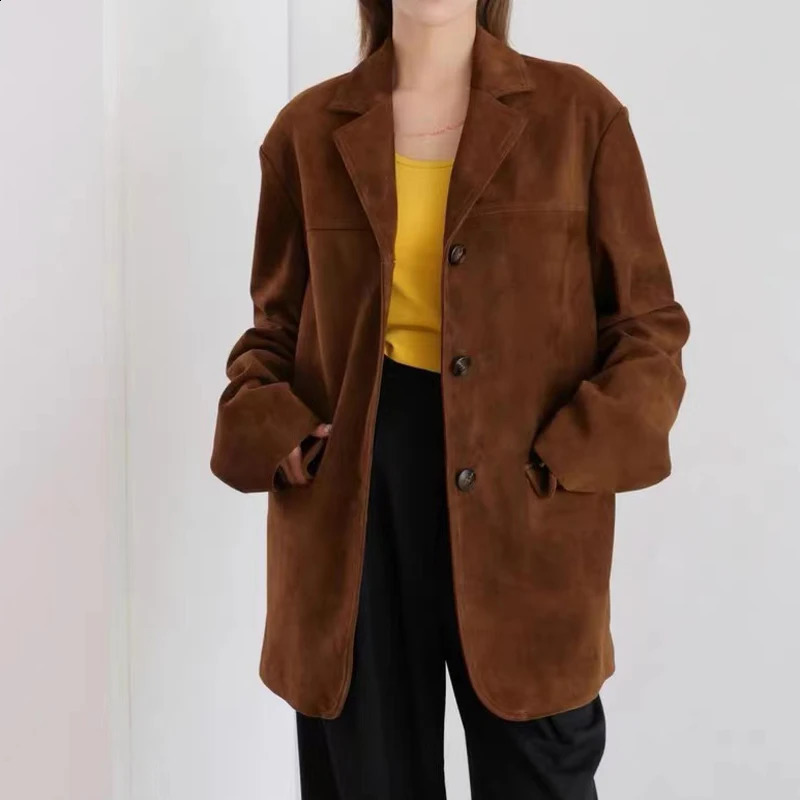 Retro Panther Caramel Suede Womens Jacket Loose Set High end Leather Medium length 240906