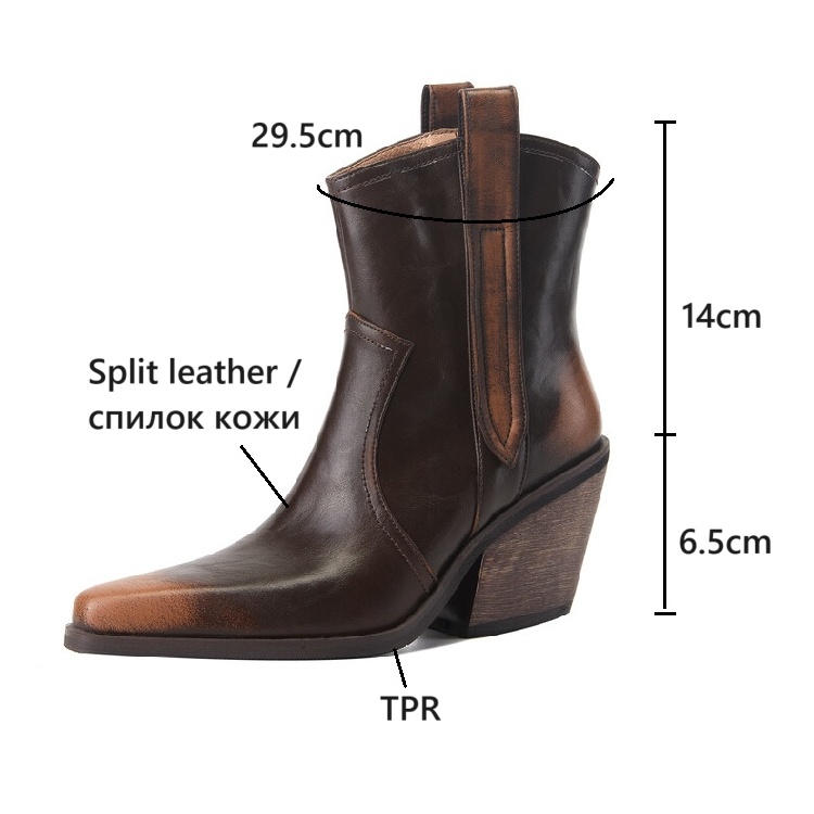 Autumn NEW Split Leather for Women Pointed Toe Chunky Heel Shoes Slip-on Ankle Retro Brown Western Boots c5b6