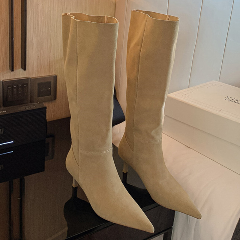 Leather Suede Knee Women Sexy Point Women's High Boots Black Beige Long Tall Shoes Ladies 2023 Autumn Winter ab09 's