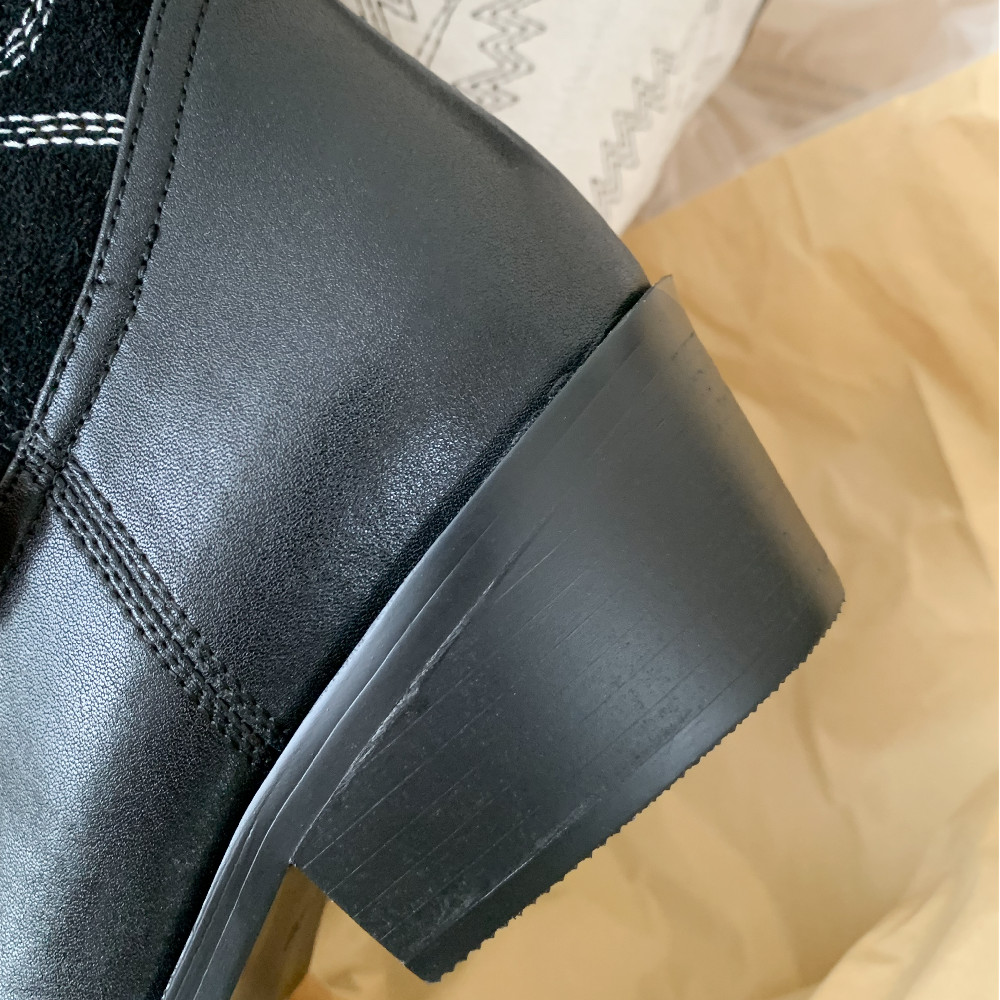 women's danxuefei genuine leather patchwork embroidery retro western mid-calf pointed toe 4.5cm thick med heel half boots af9b