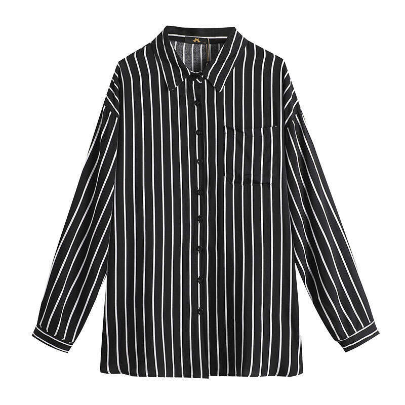 150Kg Plus Size Women's Bust 157 Autumn Striped Casual Shirt Long Sleeve Top Black 6Xl 7Xl 8Xl 9Xl 10Xl