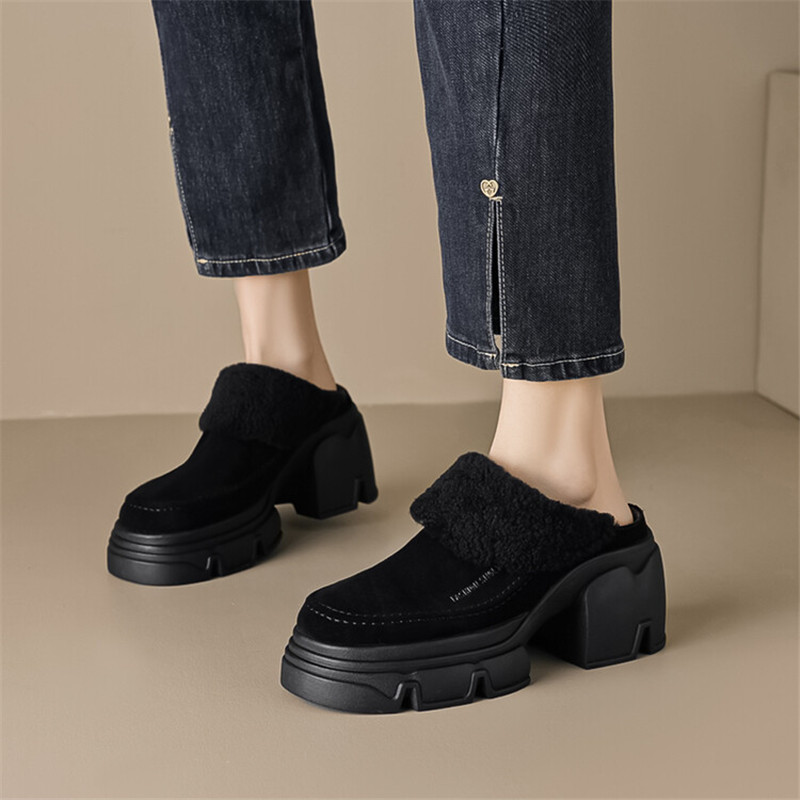 Winter Cow Suede Wool Mules Platform Shoes for Women Round High Heels Chunky Heel Cover Toe Slippers