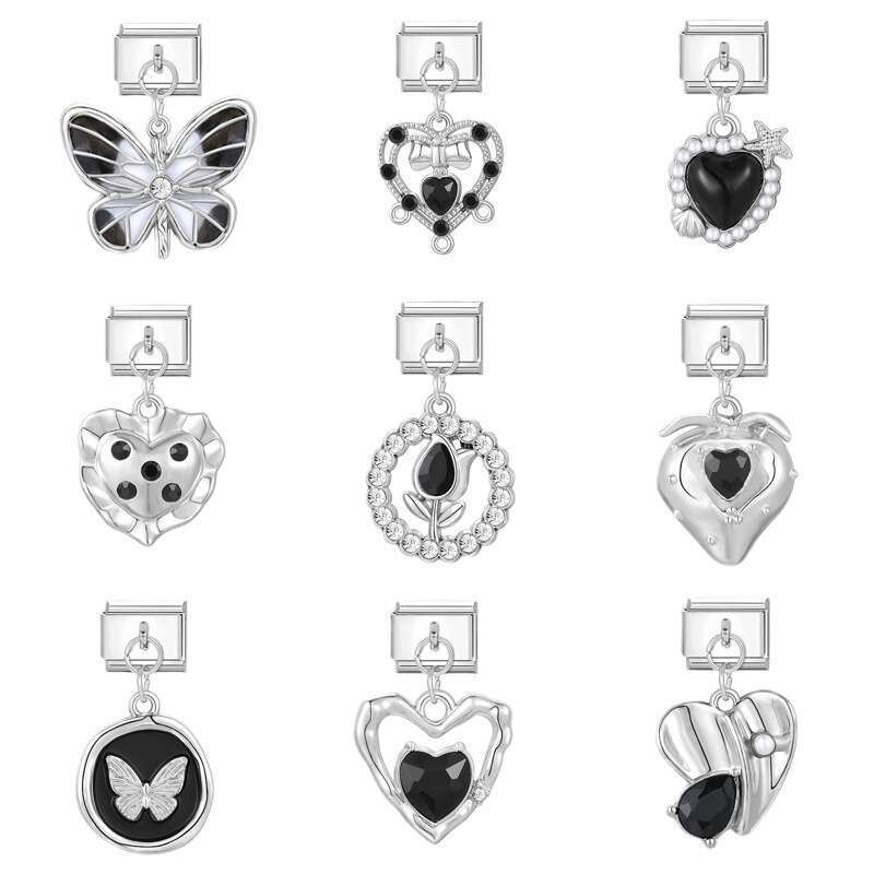 New Women's Gift black flower heart bow Pendant Italian Charms Links Bangle Beads Fit 9mm Stainless Steel Bracelet Making DIY For Women Fashion J