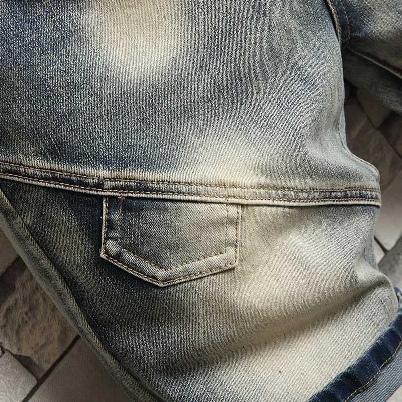 Summer New Mens Fashion Stretch Denim Shorts Retro High Street Style Old Slim Fit Short Jeans Splicing Design 98% Cotton BrandX240914