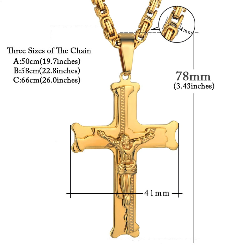 Stainless Steel Big Jesus Cross Pendant With Long Chain Mens Gold Color Crucifix Necklaces Male Religious Jewelry Drop 240910