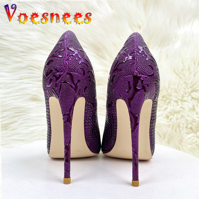 Purple Snake Patterned Luxury High Heels 12CM Pointed Thin Heel Single Shoes Comfortable Soft Leather Shallow Mouth Women Pumps