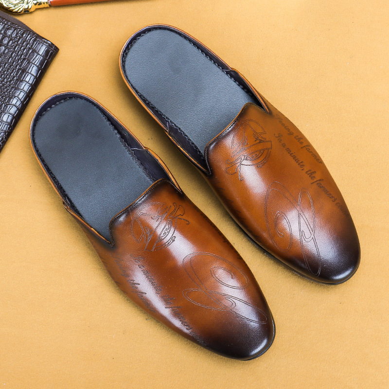 Italian Luxury Men's Slippers Genuine Leather Loafers Men Moccasins Casual Non-slip Man Shoes Summer Fashion Half Shoes For Men
